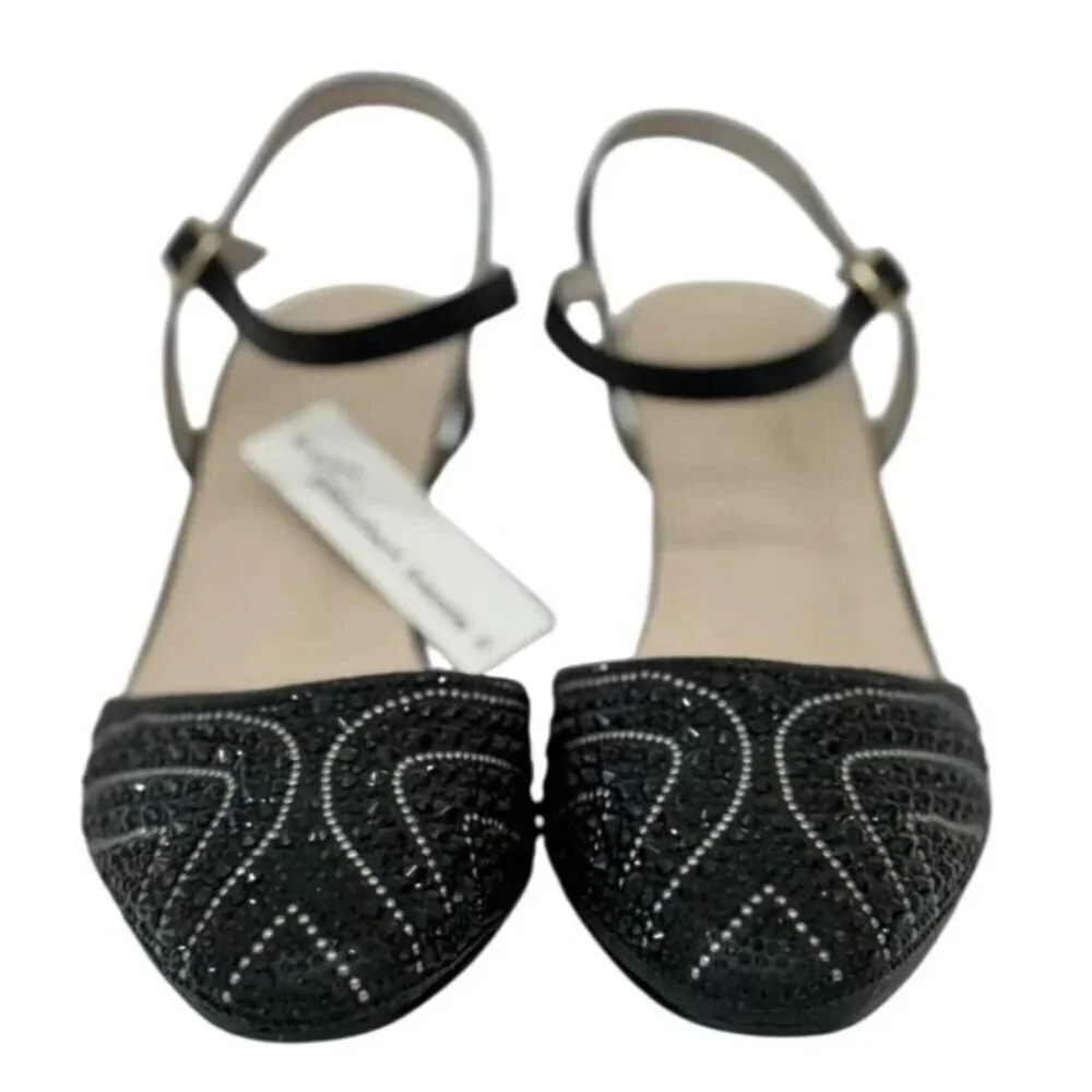 DE BLOSSOM / Gloria-10 / Womens Black Rhinestone Heeled Ankle Strap Sandals / Me
